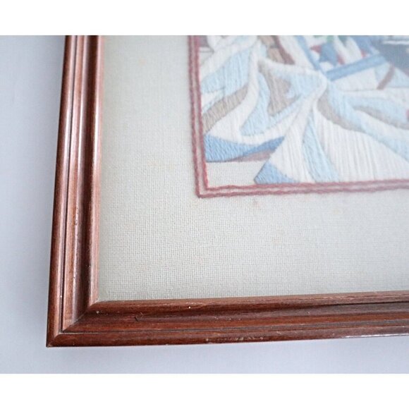 Vintage Cross Stitch Duck Basket of Flowers Framed Wall Hanging Needlepoint 1970 - Picture 3 of 4